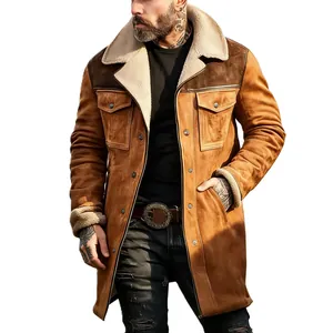 Stylish men's brown suede coat featuring a warm shearling collar and patchwork design details.