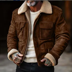 Detail of vintage brown suede jacket with warm cream lamb wool lining and collar.