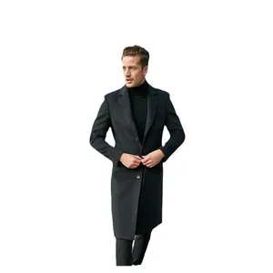 Elegant slim fit men's long black wool coat in British style for autumn and winter