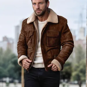 Premium men's vintage brown suede jacket featuring warm sherpa fleece lining and collar