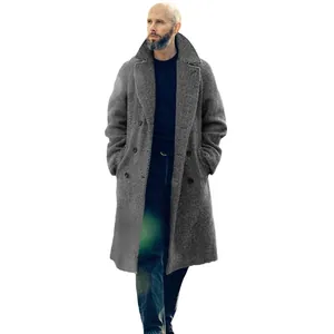 Manteau long élégant en laine à chevrons gris pour homme, coupe croisée pour l'hiver