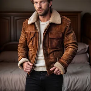 Men's Vintage Shearling Collar Jacket Faux Suede Fleece Lined Warm Winter Coat Retro Zipper Multi-Pocket Casual Outerwear Top
