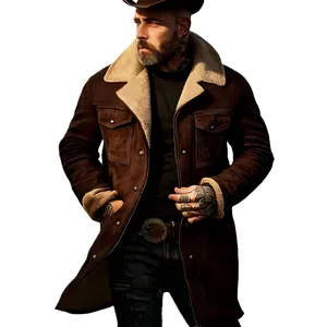 Detailed view of brown suede jacket with warm beige fleece collar and snap pockets