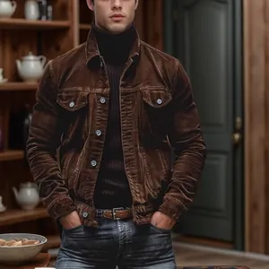 Veste en velours côtelé marron pour homme avec col roulé noir dans un cadre rustique.