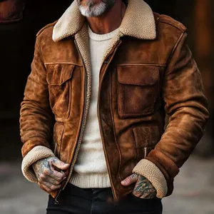 Vintage brown suede shearling aviator jacket for men with four large pockets