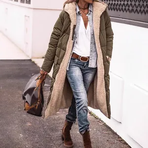 Warme Damen Steppjacke in Olivgrün mit weichem Sherpa-Futter und Kapuze für den Winter