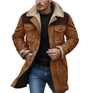 Detail view of men's brown suede shearling jacket with stylish color-block shoulders