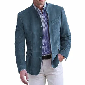 Professional retro dark cyan corduroy casual blazer for men with classic stand collar design