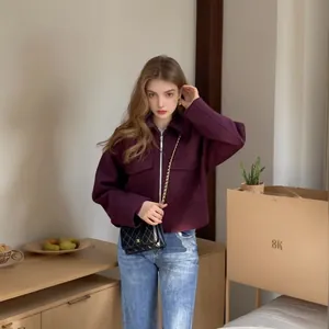 Veste en laine violette haut de gamme pour femme avec grandes poches et fermeture éclair