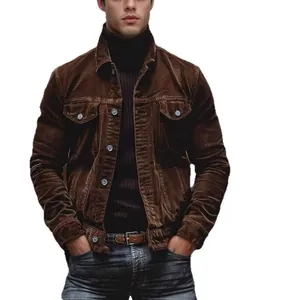Veste classique en velours côtelé marron pour hommes avec col à revers et poches