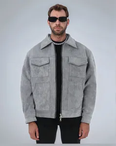 Front view detail of a grey suede casual zip-up jacket for men