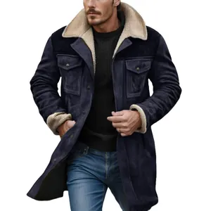 Men's navy blue suede jacket with cream shearling collar and multi-pocket detail.