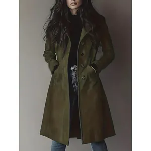 Detailed view of women's vintage olive green suede coat with cinched waist design