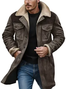 Close-up detail of a men's brown suede jacket with a fleece collar and large pockets