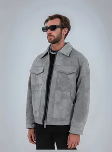 Detailed view of a stylish grey faux suede men's jacket featuring a lapel collar.