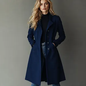 Elegant navy blue suede long coat for women featuring waist-cinching and casual design