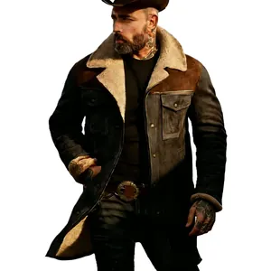 Detail view of mens vintage shearling suede jacket with patchwork design and multi pockets