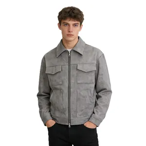 Front view of a grey faux suede men's jacket with zipper closure and large pockets