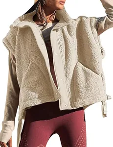 Detail showing the textured lamb fleece material of this warm women's sleeveless vest