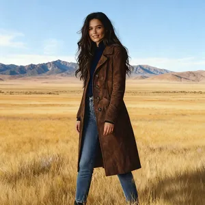 Detailed view of women's brown suede long coat in a scenic western landscape