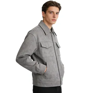 Detailed side view of a stylish grey faux suede men's jacket with large flap pockets
