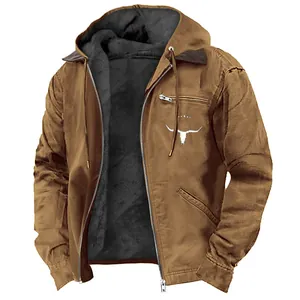 Vue détaillée de la veste marron pour hommes avec doublure polaire noire chaude