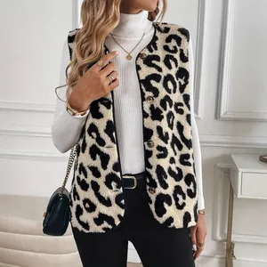 Stylish women's leopard print plush vest layered over a white turtleneck sweater.