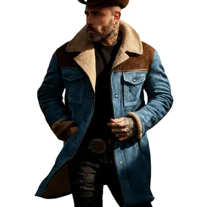 Rugged men's blue and brown suede color-block jacket with warm shearling collar.