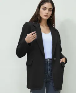 Professional casual black wool blazer for women with notched lapel and pockets