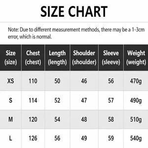 Detailed size chart for women's bomber jacket with chest, length, and sleeve measurements