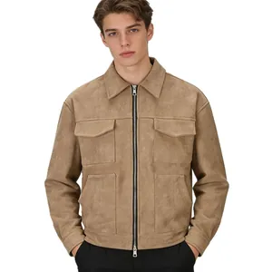 Premium men's khaki suede jacket featuring zipper closure and large utility flap pockets.