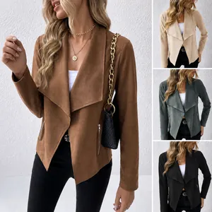 Women's faux suede jacket featuring lapel collar and zipper pockets in multiple colors