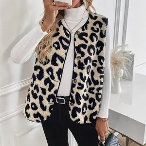 Women Leopard Print Polar Fleece Vest Casual V-Neck Button Down Plush Sleeveless Waistcoat Autumn Winter Outwear Top