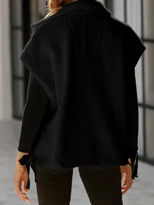 Back view of black women's fleece vest showing soft sherpa texture and loose fit style