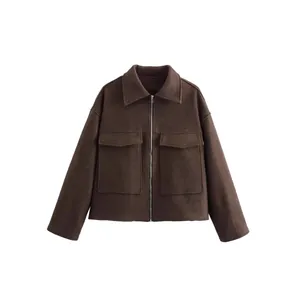 Veste oversize marron aspect laine pour femme avec fermeture éclair