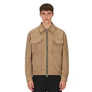 Detailed front view of a stylish camel suede men's casual jacket with large pockets