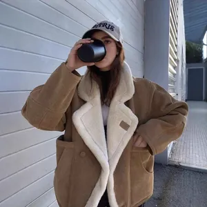 Dames Retro Suède Kunstmatige Lamswol Jas Oversized Dikke Warme Winterjas Streetwear Effen Bruine Jas
