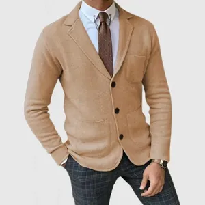 Slim fit camel knit blazer jacket for men featuring a classic British style design