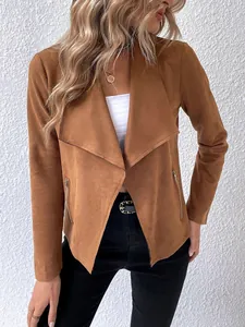 Close-up of women's brown suede lapel jacket with long sleeves and zipper detail.
