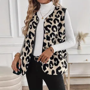 Close-up detail of women's trendy leopard print plush vest with front button closure