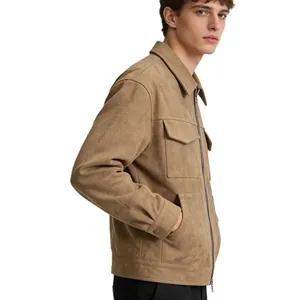 Detailed side view of a men's brown suede jacket with large flap pockets and zipper