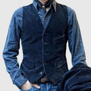 Men's American retro navy blue corduroy workwear vest with classic button closure