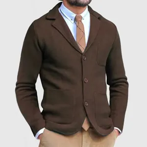 Men's slim fit brown knitted blazer jacket with notched lapel and patch pockets