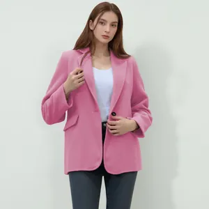 Stylish casual pink wool-textured blazer for women featuring notched lapels and buttons
