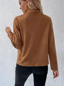 Back view of a women's brown faux suede jacket with long sleeves and soft texture