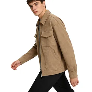 Professional side view of men's brown suede jacket with large pockets and zip closure