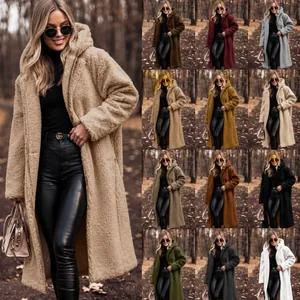 Women's long hooded teddy fleece coat for winter, warm outdoor jacket in multi-colors.