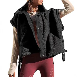 Women Sherpa Fleece Vest Sleeveless Jacket Warm Winter Waistcoat Outwear Button Up Loose Casual Fashion Polyester Plush Gilets