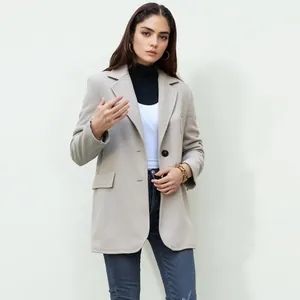 Women Woolen Look Blazer Notched Lapel Single Button Pocket Solid Color Casual Autumn Winter Office Lady Long Sleeve Jacket