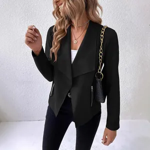 Elegant black faux suede lapel jacket with zipper pockets for women, detail view.